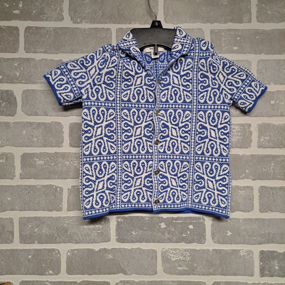 Reiss Kids Toddler Tile Pattern Knit Shirt In Blue/White Size 4-5 Y